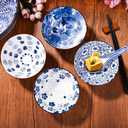 Ceramic Rice Bowls Set of 4 White and Blue Rice Bowls Porcelain Cereal Bowl Perfect for Soup Cereal Sushi Sauce Oatmeal Fruit Rice Microwave and Dishwasher Safe