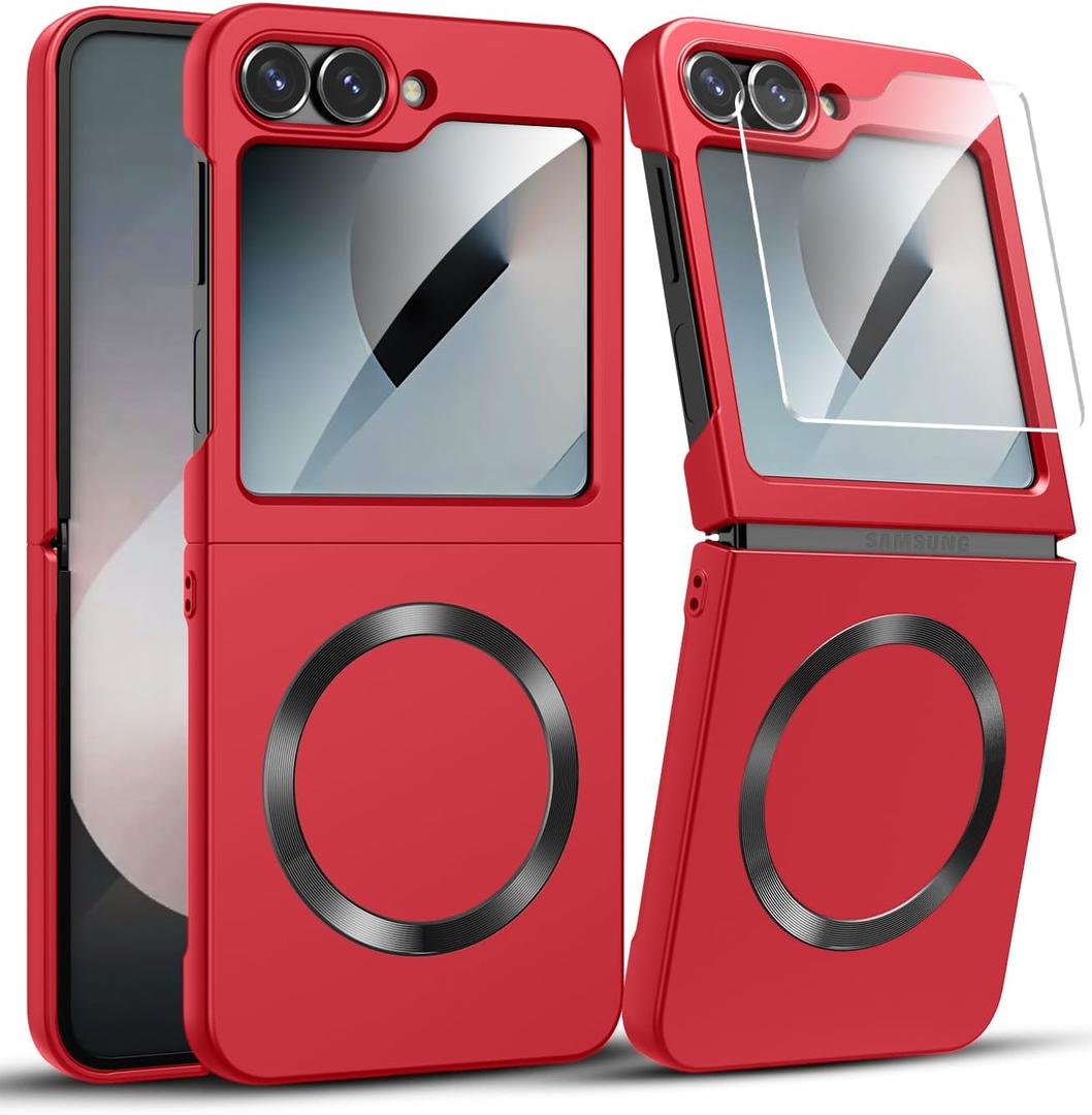 MAKAVO for Samsung Galaxy Z Flip 6 Case, Flip 7 FE Case, Compatible with MagSafe, with Built-in Screen Protector, Flip6 Slim Hard Magnetic Phone Case, Red