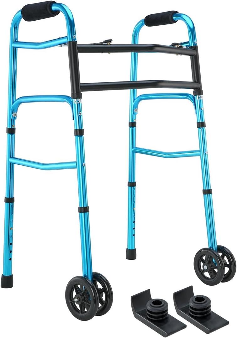 OasisSpace Heavy Duty Folding Walker, Bariatric Walker with 5 Inches Wheels for Seniors Wide Supports up to 500 lbs [Accessories Included] (Heavy Duty Size)