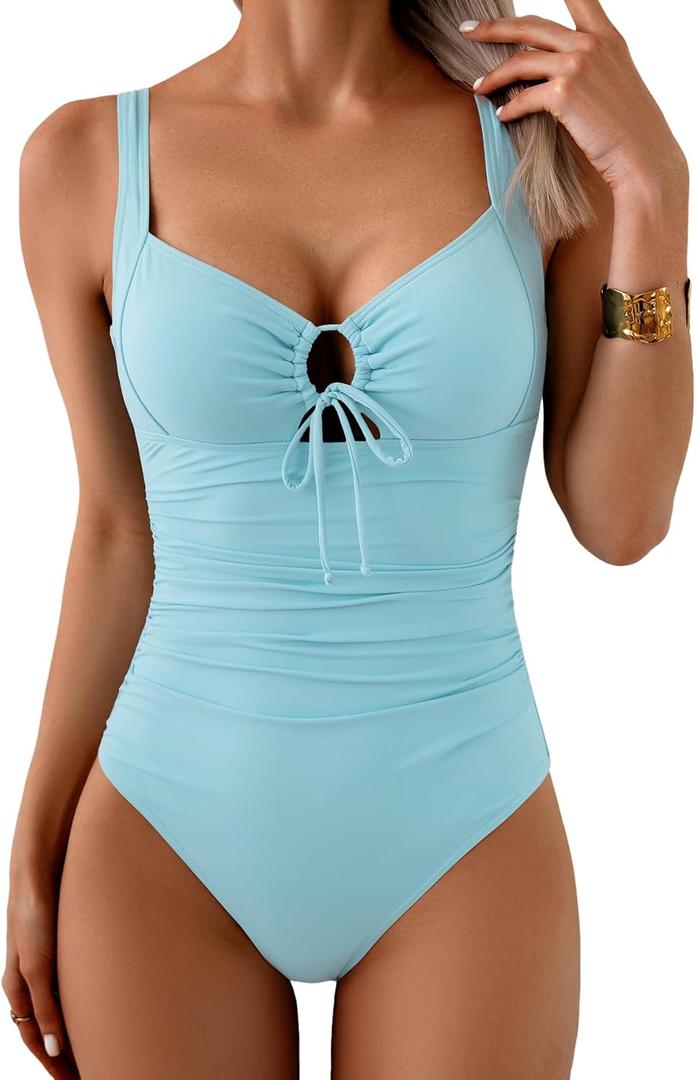 Aidonger One Piece Lace Up Swimsuit for Women Tummy Control Slimming Bathing Suits Cut Out Push Up Swimwear Light Blue, Large