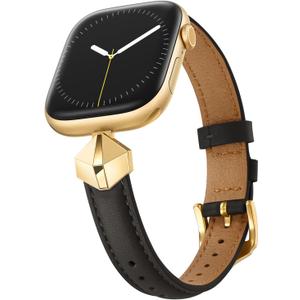 WFEAGL Leather Band Compatible with Apple Watch Bands Women 38mm 40mm 41mm 42mm(Series 11/10),Dressy Slim Grain Genuine Leather band for iWatch SE Series 11/10/9/8/7/6/5/4/3/2/1-Black/Gold