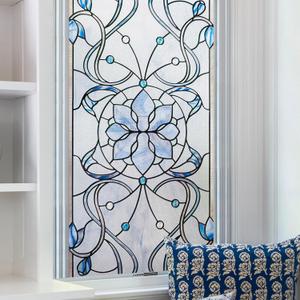 3D Stained Glass Window Privacy Film, Heat Control UV Blocking Static Cling Decorative Window Film for Bathroom,Front Door,Home Non Adhesive,23.6 x 35.4 inches Azure Bloom