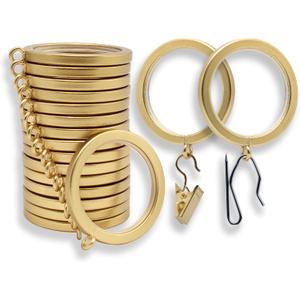 BlastHome Luxury Curtain Rings  Premium Metal with Quiet, Smooth Nylon Inserts  Pinhooks and Clips Included  1 1/2" Inside Diameter  18 Rings for Two Standard Curtains  Brushed Gold