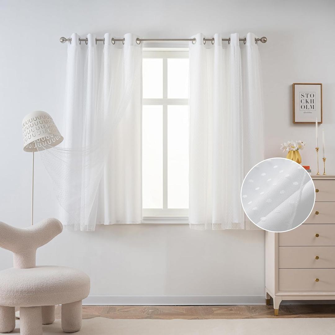 MYSKY HOME White Curtains for Girls Bedroom & Nursery Kids Cute Short Curtains for Small Windows 54 Inch Long Double Layer with Polka Dots Sheer, Grommet Tops, 52" Wide Each Panel, 2 Panels