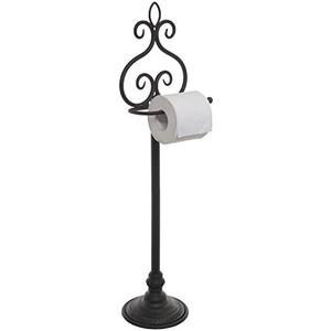 MyGift Free Standing Toilet Paper Holder Black Metal Scrollwork Design Bathroom Tissue Paper Stand - Single Roll Storage Rack