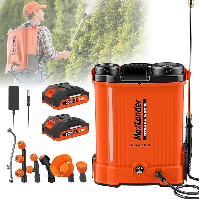 Maxlander 4.2 Gal Battery Powered Backpack Sprayer with 2 x 2.0Ah Battery
90 Psi Adjustable Pressure, 6 Spray Nozzles, Reach Over 17 Feet, 2 Hours Runtimes, Waist Support