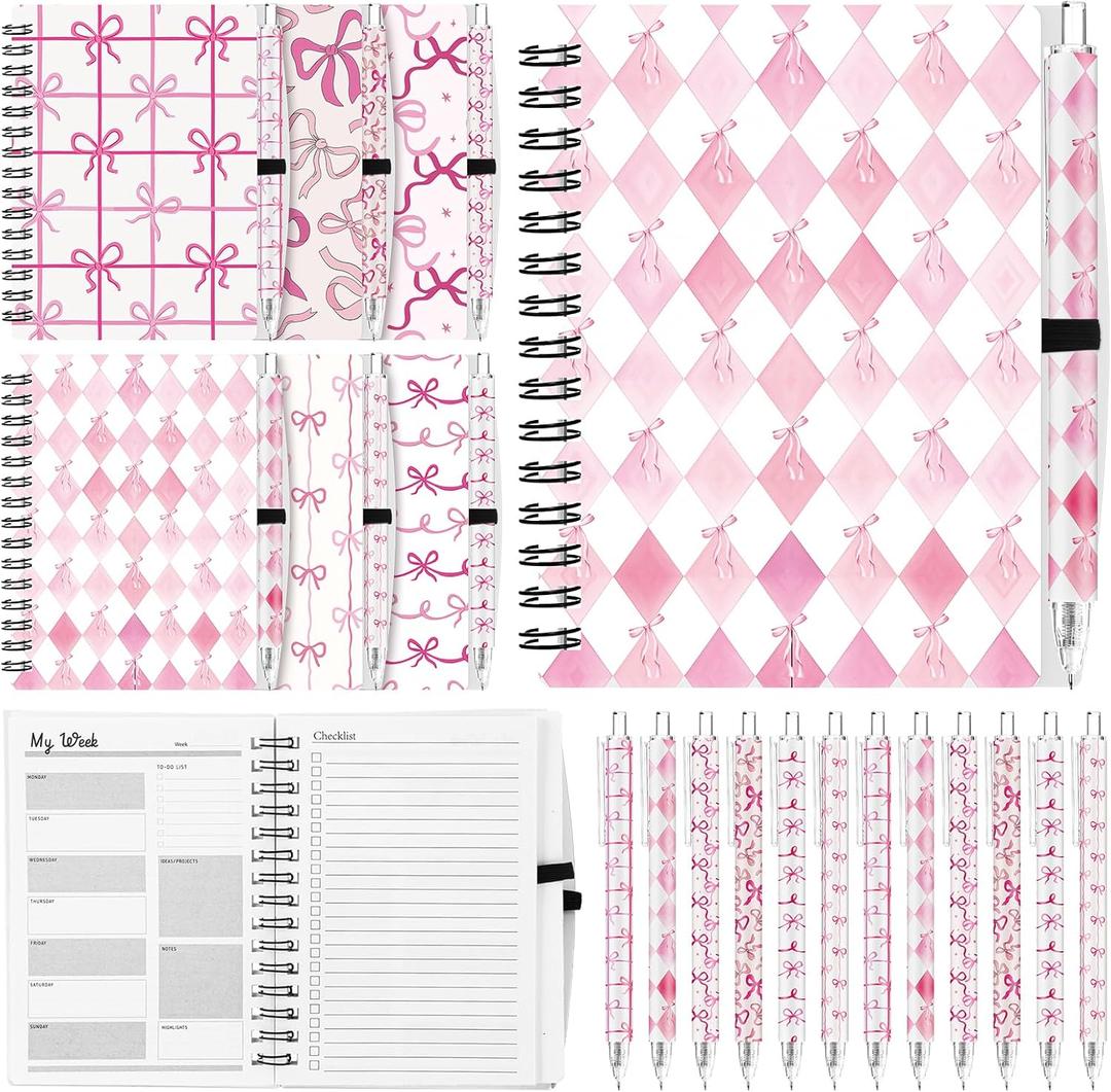 Sinload 24 Pcs Pink Bow Ballpoint Pens with 3 Notebooks, Black Ink Set | Coquette Preppy Aesthetic Supplies for Girls, Cute Writing Gift for School Office Birthday, Spiral Notebooks with Holder