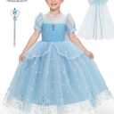 YYSSNM Girls Princess Costume Set with Crown, Magic Wand & Trailing Bow  Elegant Party Dress for Cosplay, Birthdays, Halloween, 130