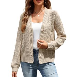 VIMPUNEC Womens Fall Casual Cardigan Sweaters Chunky Cable Knit Jackets Long Sleeve Open Front Coats (Beige, M)