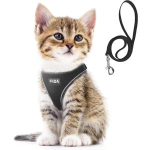 Fida Cat Harness and Leash Set for Walking Kitten and Puppy, Escape Proof Kitten Harness with Breathable Lightweight Soft Mesh, Adjustable Reflective Step-in Design for Kitten and Puppy.(XXXS, Black) (XXXS (Neck:10.2"-11.4"; Girth:11.4"-12.6"))