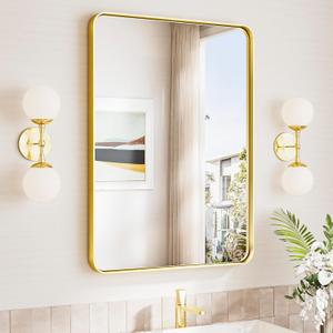 TokeShimi Gold Bathroom Mirror 22x30,HD Tempered Glass,Brushed Gold Bathroom Vanity Mirror for Over Sink,Aluminum Framed Mirror Wall(Horizontal/Vertical)