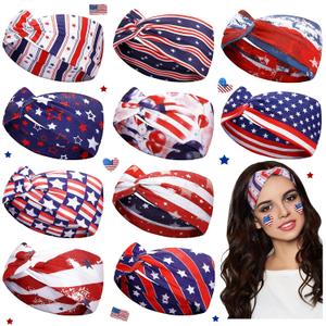 Jutom 10 Pcs American Flag Headbands for Women Red White Blue 4th of July Patriotic Twisted Hair Band USA Patriotic Stretchy Athletic Hair Accessories for 250th Independence Day Memorial Day