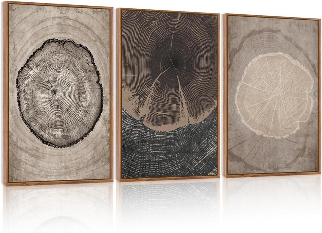Tree Ring Wall Art Set of 3, 24"x36" Large Modern Wood Stump Wall Decor, Abstract Black and White Wall Painting, Neutral Nature Art Print for Living Room, Bedroom, Office, Dinning Room