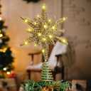 Retisee Christmas 3D Gold Star Lighted Tree Topper 18-Point Glitter Golden Treetop Decorations 11 Inch Gold Star Tree Topper with 20 Warm White Lights Xmas Vintage/Modern Decorations for Holiday