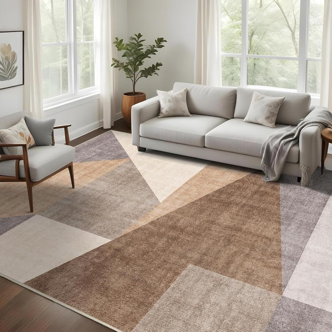 Washable Modern Area Rug: 8x10 Large Geometric Area Rugs for Living Room & Bedroom with Non-Slip Backing Modern Geometric Carpet for Living Room Brown 8'x10'