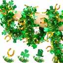 50FT St Patricks Day Garland Green Gold Hat Horseshoe Shamrock Tinsel Garland, Shiny Metallic Hanging Shamrock Decor Saint Patrick's Day Decorations for Home Office Indoor Outdoor Irish Party Supplies