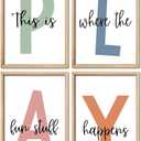 4 x This Is Where Fun Stuff Happens Kids Playroom Wall Decor PLAY Quote Art | Motivational Prints for Nursery, Natural Wood Frame, Set of 4, 16x24 Inches , Let's Play Sign for Toddler Boys, Ready to Hang