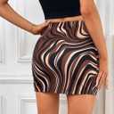 WDIRARA Women's Marble Print Split Hem High Waist Elastic Waistand Knitted Skinny Bodycon Skirt (Brown, L)