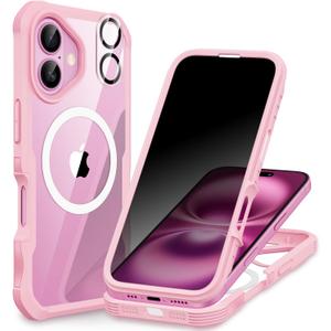 CENHUFO Magnetic Privacy for iPhone 16 Case [Compatible with Magsafe] Full Body Phone Case Built-in 9H Tempered Glass Privacy Screen Protector and Camera Lens Cover, Shockproof Bumper Clear - Pink