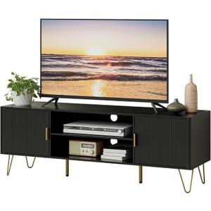 TV Stand for 55-65 inch TV, Entertainment Center with Soft Hinge Door,TV Console Table with 2 Cabinets with Gold Handle and Feet,for Living Room, Bedroom, Black