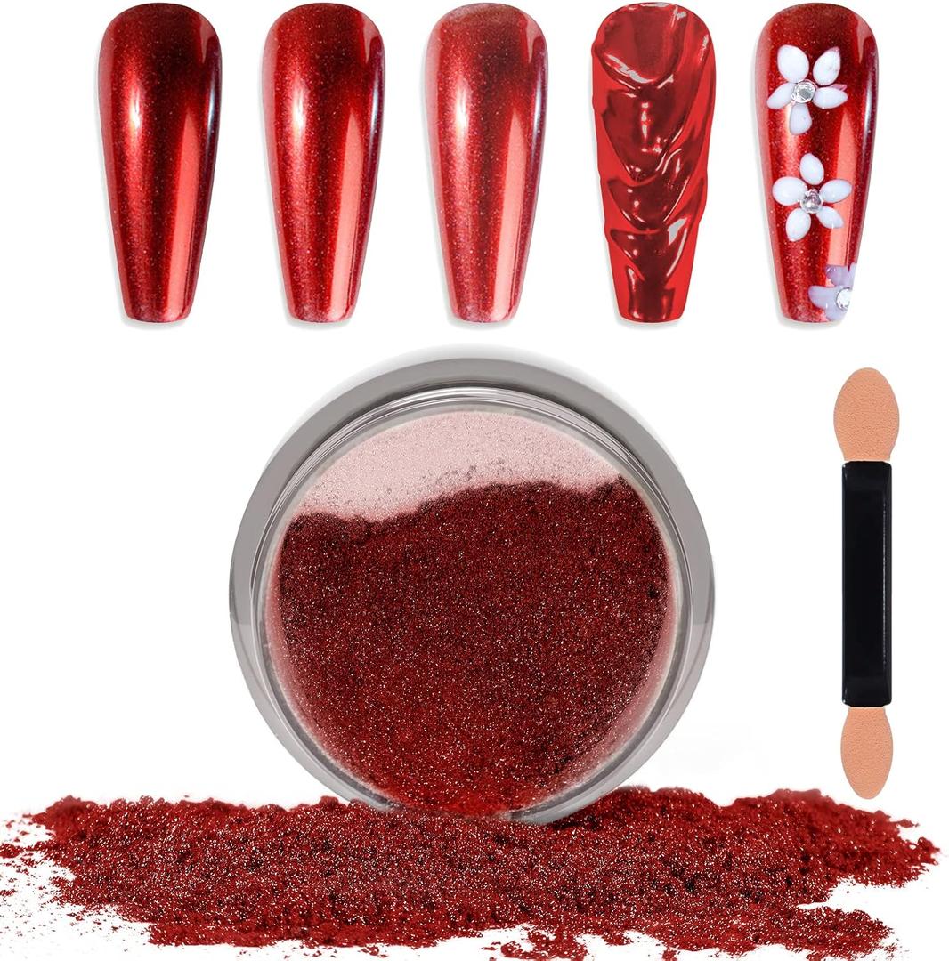 Laza Chrome Nail Powder Mirror Effect Metallic Dust Holographic Glitter Glazed Manicure Decoration Reflective Pigment for DIY Gel Polish Nail Art, Resin Craft, Gifts- Red