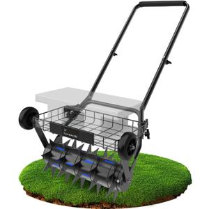 2-in-1 Rolling Lawn Aerator & Lawn Roller, Removable Gear Spikes for Easy Switch, Up to 100 lbs Capacity, Heavy Duty Yard Aerator with Support Wheels for Grass & Soil, Lawn Care