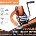 OPENROAD 3500LB Boat Trailer Winch - Heavy Duty Hand Winch with 32 FT Orange Strap, 2-Way Ratchet With 4:1/8:1 Gear - Ideal for Boat, Truck, Trailer, RV, ATV and Jet Ski - Includes Installation Screws