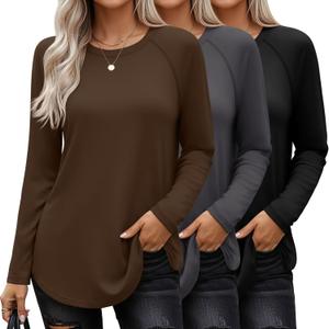 Ficerd 3 Pack Women's Long Sleeve T-Shirts Crew Neck Raglan Sleeve Casual Loose Fit Shirts Side Split Curved Hem Tunic Tops (XX-Large, Black, Mist Gray, Dark Coffee)