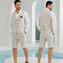 Men's Linen 2 Piece Suit Slim Fit Wedding Groom Groomsmen Summer Vest Shorts Set (Beige), Size XXL