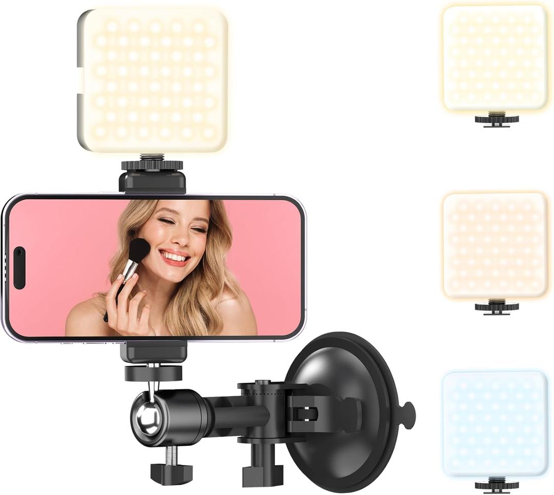 Suction Cup Mirror Phone Holder with Rechargeable Light, Versatile Wall Phone Mount for Content Creator, Mirror Tripod for Car Bathroom All Smooth Surface (Black)