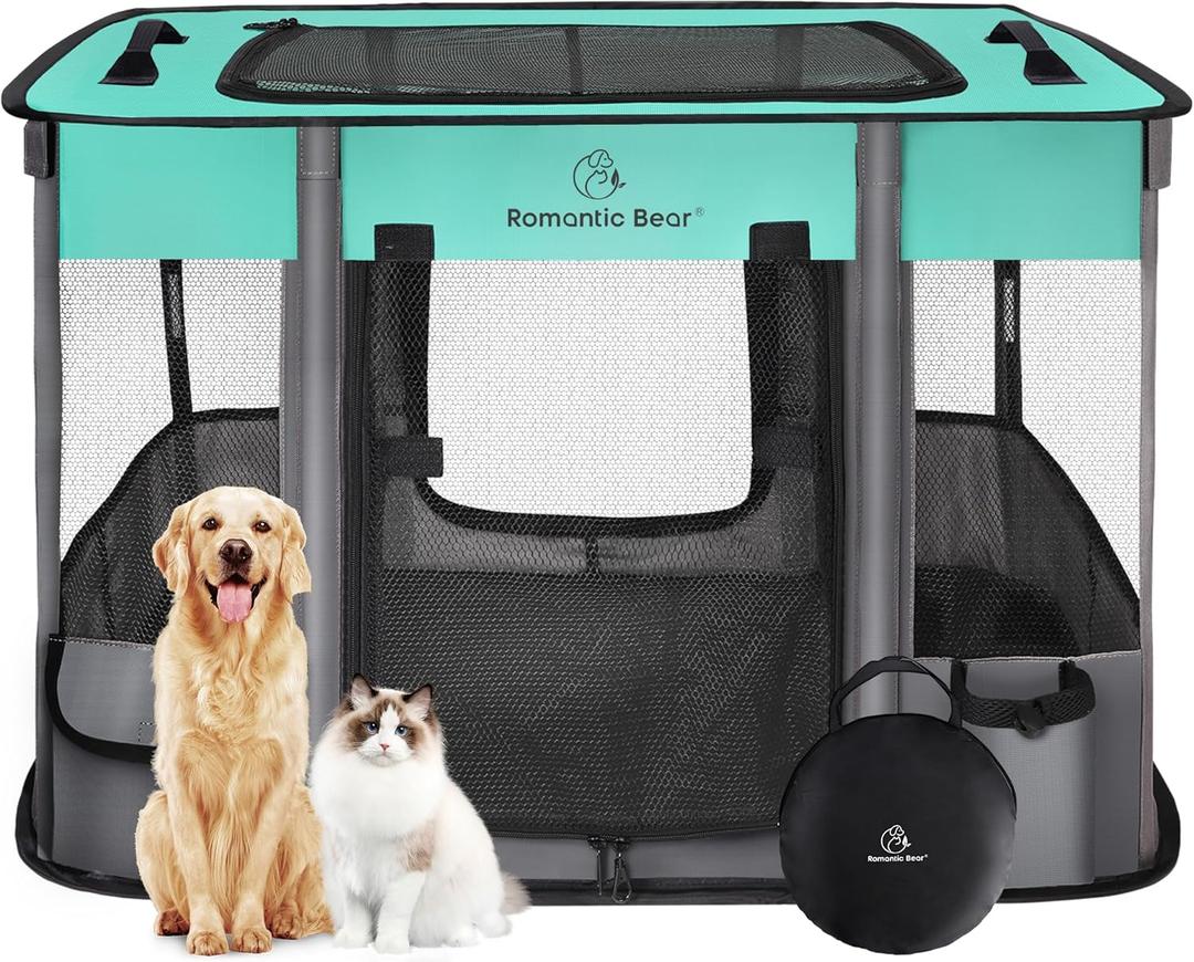 44x34x24 Inches Dog Playpen,Pet Playpen,Foldable Puppy Cat Playpen,Portable Exercise Kennel Tent Crate,Water-Resistant Breathable Shade Cover,Indoor Outdoor Travel Camping Use for Small Animals(L) (Green)