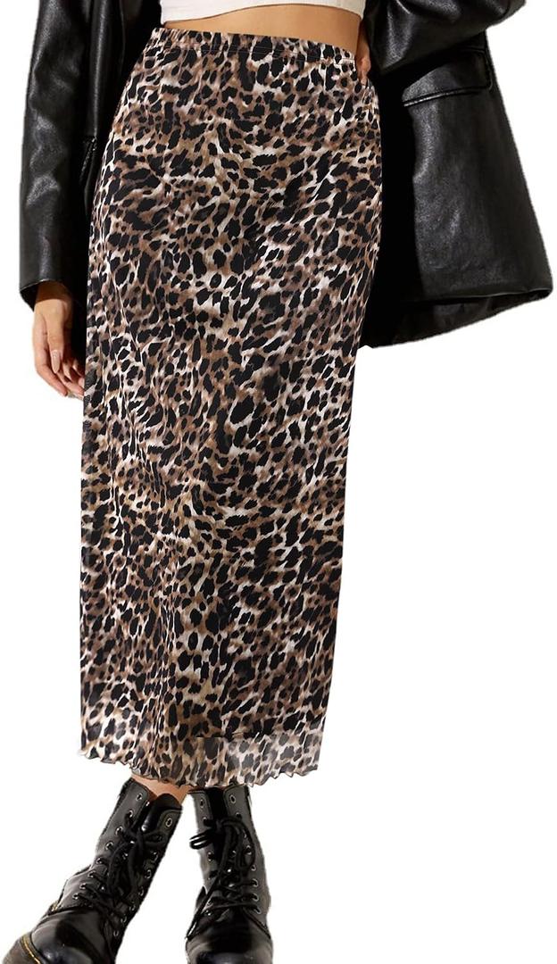 Avanova Women's Ditsy Floral High Waisted Skirts Lettuce Trim Summer Fall Boho Midi Skirt Leopard Dark Brown, X-Small