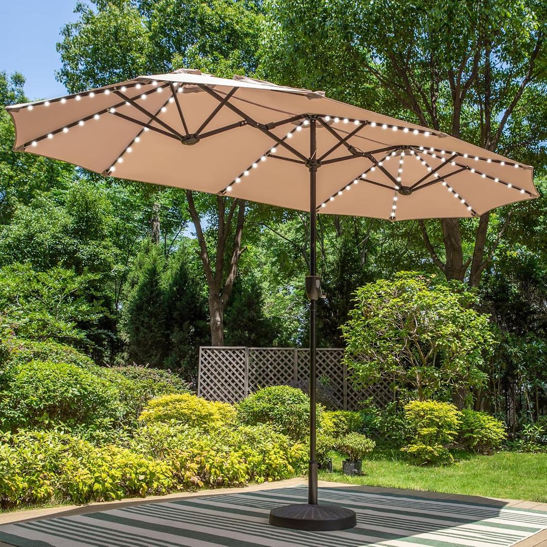 PHI VILLA 13ft Large Patio Umbrella with Solar Lights, Double-Sided Outdoor Market Rectangle Umbrella with 120 PCS LED Lights, Beige (No Base)