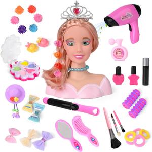 36PCS Doll Head Hair Styling Makeup Toy Set Kids Pretend Play Styling Set with Hairdryer Curling Iron Crown Accessories Beauty Stylist Kit Gifts for 3 4 5 6+ Years Old