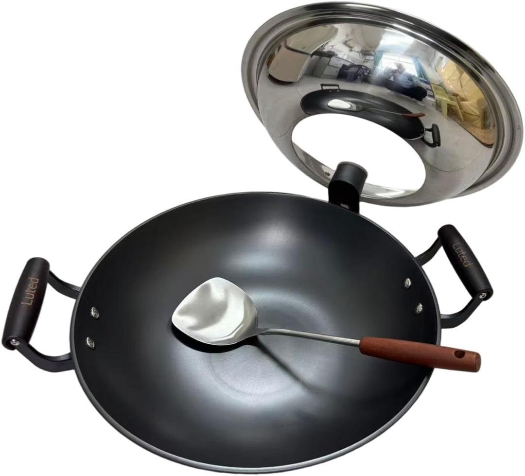Chinese Wok with Lid, 15.2 Inch Flat Bottom, Cast Iron