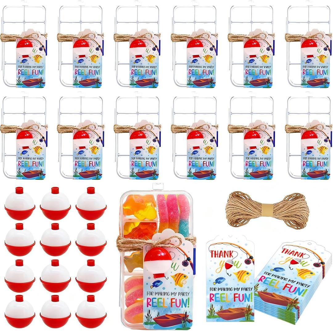 12 Set Fishing Candy Little Tackle Boxes for Birthday Party Favors with 12 Fishing Bobber 12 Thank You Cards for Making My Party Reel Fun Gone Fishing Theme Supplies Fishing Decorations (12)