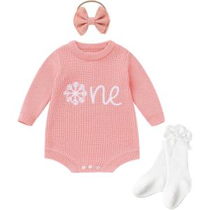 IMEKIS Baby Girls 1st Birthday Outfit Fall Winter One Embroidery Sweater Romper Socks Set Cake Smash Photo Shoot (12-18 Months, Pink Snowflake One)