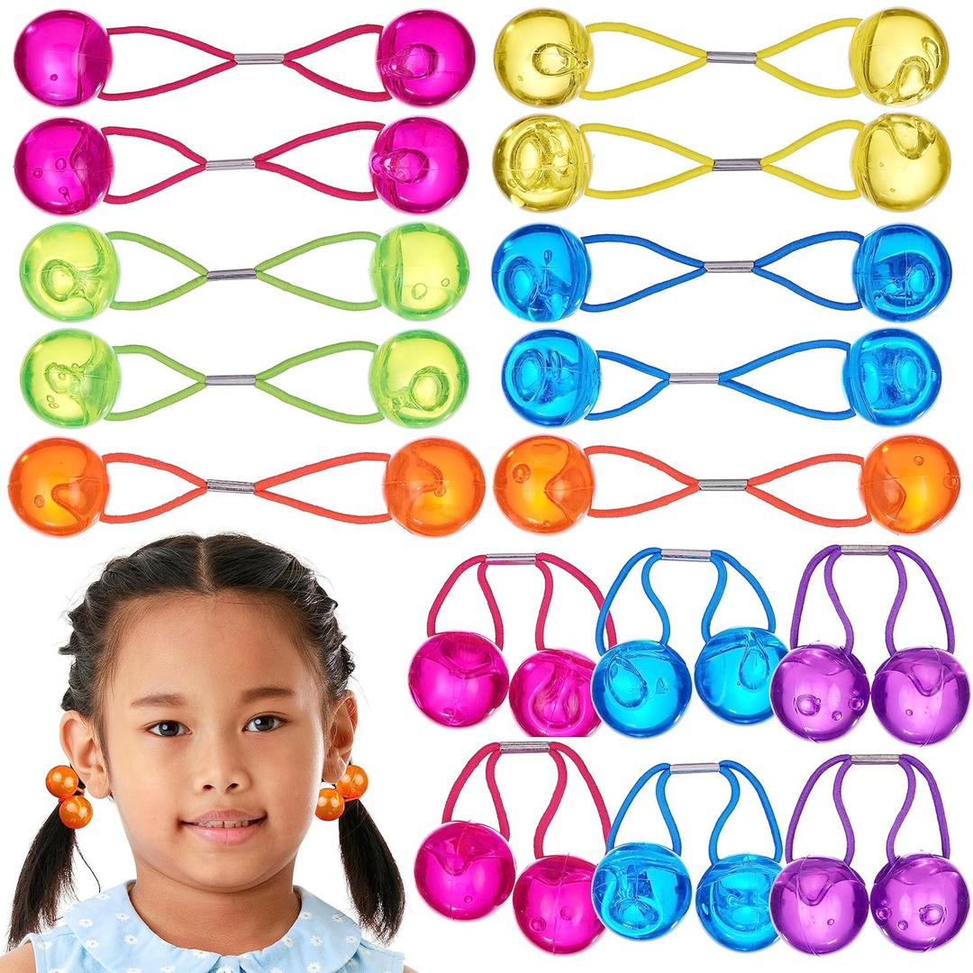 24pc Ponytailers Large Round Ponytail Balls Twin Bead Hair Elastics Bright Multicolored Twin Hair Beads Bauble Hair Ties Ponytail Holders, Toddler KidsValue Pack