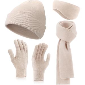 Breathffy 4 Pcs Winter Hat Scarf Gloves Headband Set Knit Beanie Touch Screen Gloves Long Scarf Valentine Gift for Women Men (Beige)