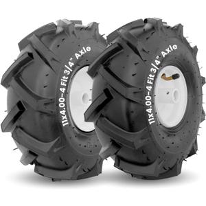 MZREXN 11x4.00-4" Tiller Tire and Wheel 2 Pack, 3/4" Axle Size | 3-1/8" Offset Hub, 4Ply Pneumatic, Compatible with Craftsman & Troy-Bilt Tiller Replacement Tire