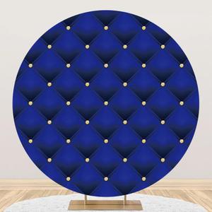 Renaiss 7.5x7.5ft Royal Blue Round Backdrop Cover Gold Diamonds Blue Tufted Checks Circle Photography Background Welcome Newborn Wedding Baby Shower Grad Birthday Party Decor Arch Photo Booth Props
