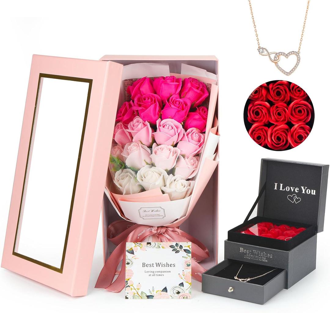 Rose Bouquet Rosas Eternas Preserved Rose Bouquet 18 Flower Bouquet with Beautiful Love Necklace, Unique Gift for Birthday, Valentine's Day, Mother's Day, Thanksgiving, Christmas, Anniversary (Pink and Red)