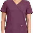 Cherokee Scrubs Top for Women Mock Wrap with 3 Pockets, Soft, 2-Way Stretch & Durable Fabric (Small, Wine)
