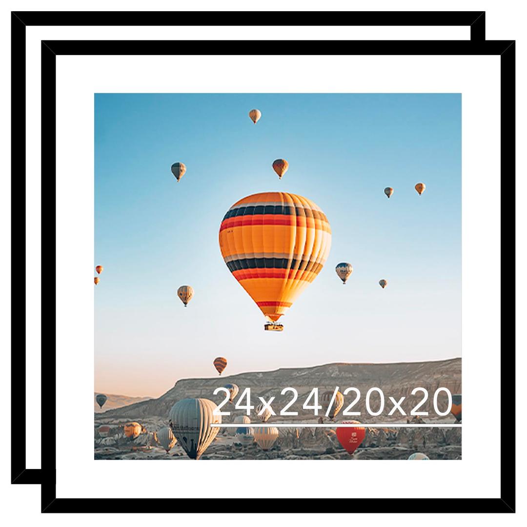 JCJMY 24x24 Picture Frame Set of 2 Black with 20x20 Mat, Display Photo 20x20 with Mat or 24 x 24 Without Mat, Wall Hanging Large 24x24 Poster Frame with Shatter Resistant Plexiglass, 2 Pack, Black
