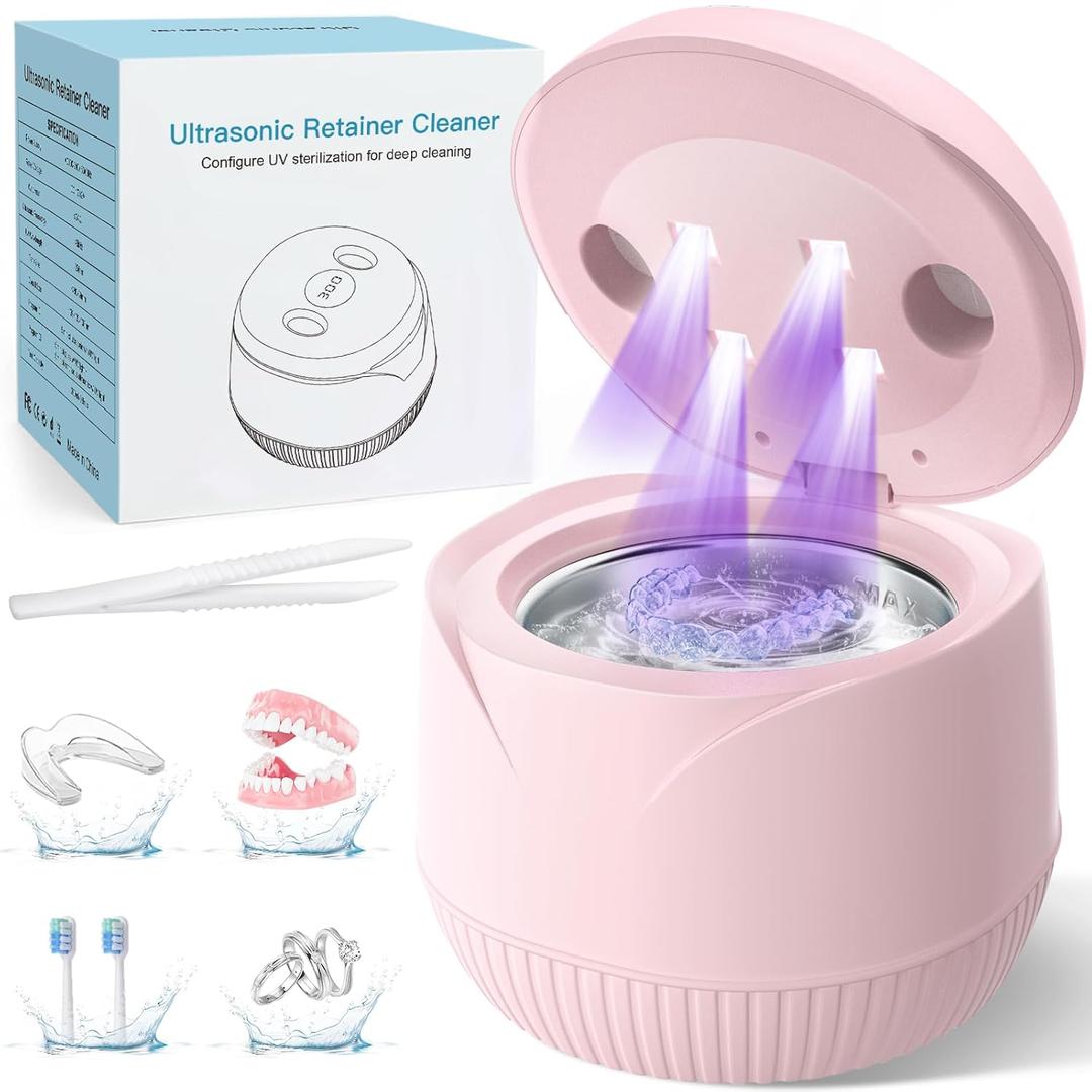 Dental Ultrasonic Retainer Cleaner Machine: 45kHz Dental Cleaning Pod with Digital Timer & 200ML, Cleaning for Dentures, Mouth Guards, Aligners, Night Guards, Braces, Toothbrush Heads & Jewelry, Pink
