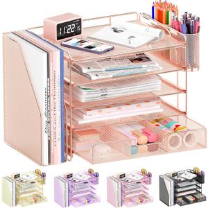 Desk Organizers and Accessories with File Holder, 5-Tier Office Desk Accessories & Workspace Desktop Organizer with Drawer and 2 Pen Holder, File Paper Organizer for Office Supplies(Rose Gold) Desk Organizers and Accessories with File Holder, 5-Tier Office Desk Accessories & Workspace Desktop Organizer with Drawer and 2 Pen Holder, File Paper Organizer for Office Supplies(Rose Gold)
