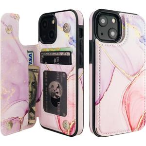 HAOPINSH for iPhone 13 Mini Case Wallet with Card Holder, Pink Marble Pattern Back Flip Folio PU Leather Kickstand Card Slots Case for Women Girls, Double Magnetic Clasp Shockproof Cover 5.4"