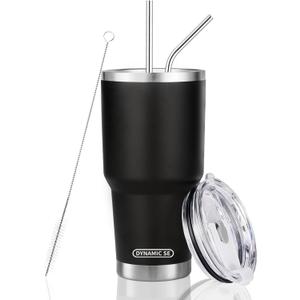 DS 30 oz Black Tumbler Stainless Steel Double Wall Vacuum Insulated Mug with Straw and Lid, Cleaning Brush for Cold and Hot Beverages