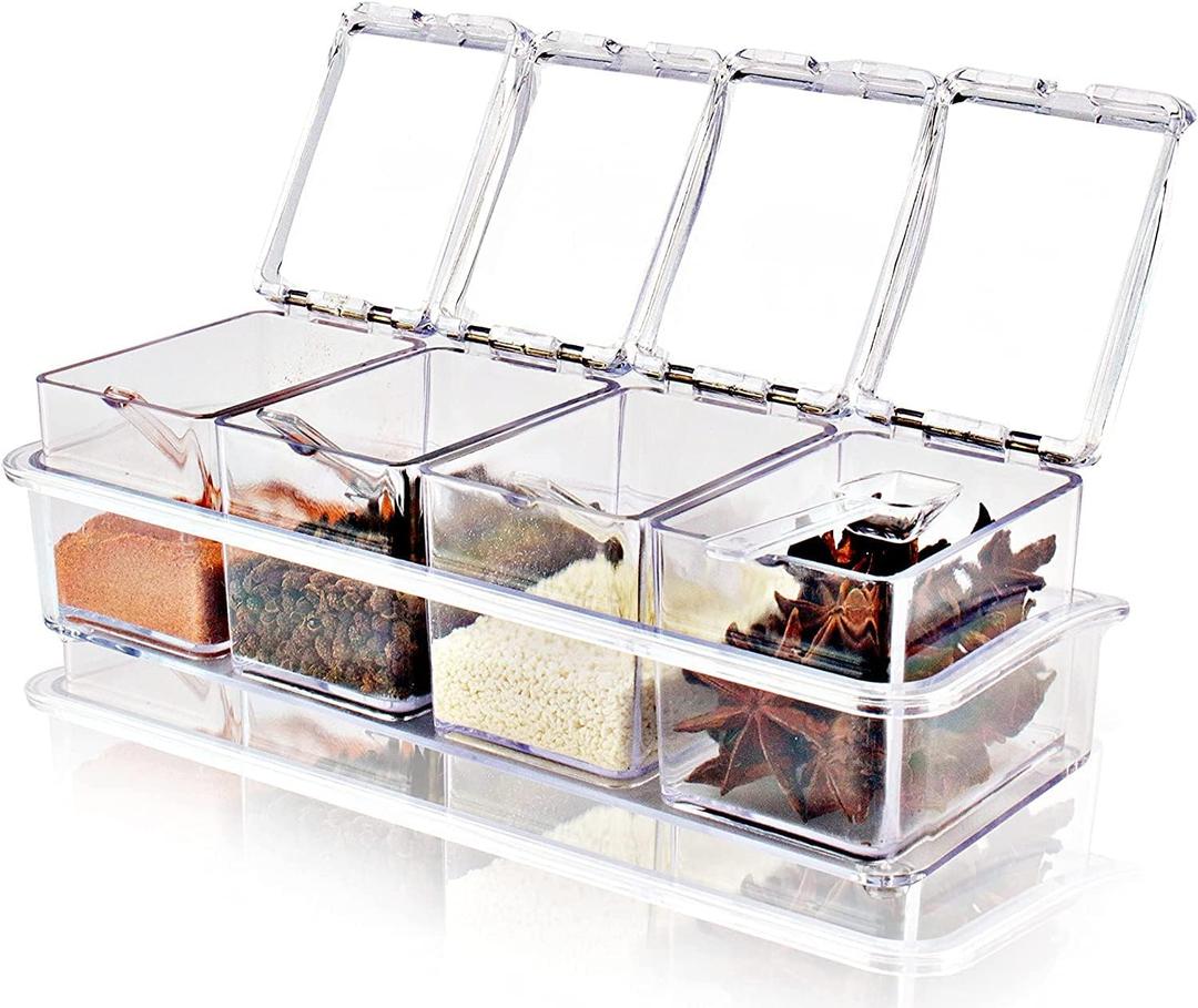4 Pieces Clear Seasoning Box - Cruet with Cover and Spoon,Seasoning Rack Spice Pots for Sugar, Salt, Pepper and Other Spices
