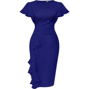Memoriesea Women's Vintage Church Ruffle Sleeve Ruched Bodycon Work Midi Pencil Dress (3X-Large, Royal Blue)